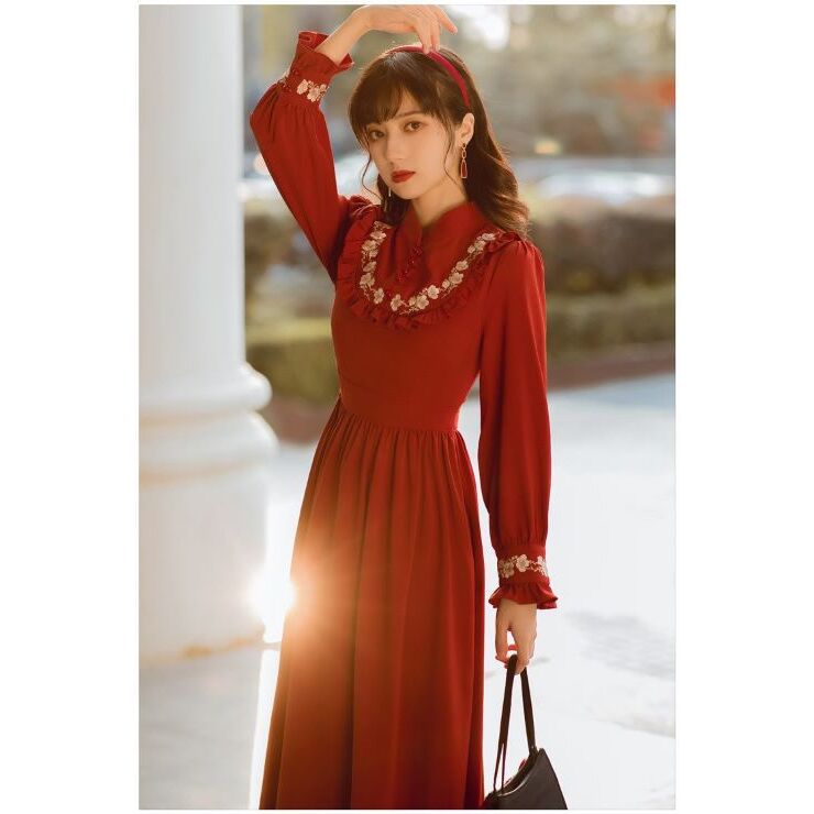 フロント刺繍レトロロングワンピース br103-18 – Q'e