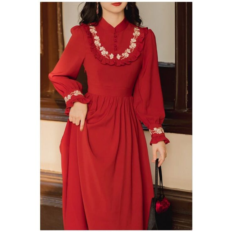 フロント刺繍レトロロングワンピース br103-18 – Q'e