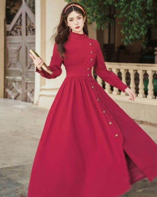 ♥️新品未使用♥️ MICALLEフード付きレッドロングボルディングワンピース フリルクラシカルロングワンピ―ス br103-4 – Q'e