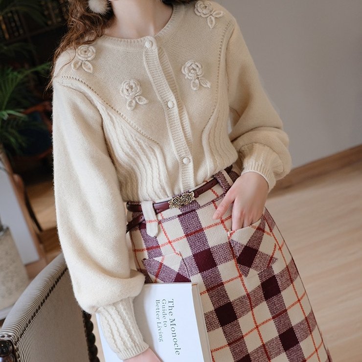 極美品⭐️ルネ ニットカーディガン ツイードブレード フラワーモチーフ 薔薇 極美品⭐️ルネ ニットカーディガン ツイードブレード フラワー