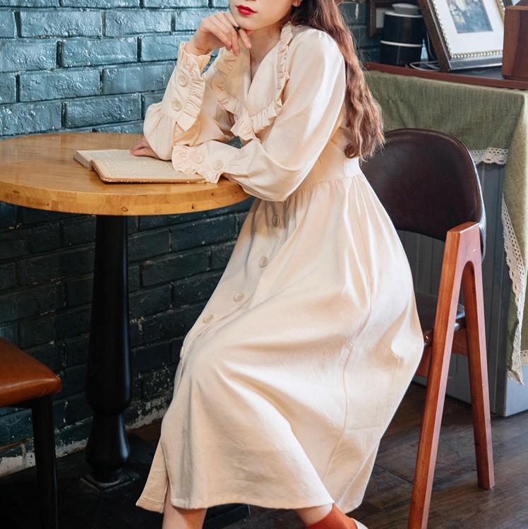 フリル ワンピース ガーリー フロントボタン 韓国 長袖 hk5889 SLY ワンピース FRONT BUTTON LACE 2P L/OP フロントボタン