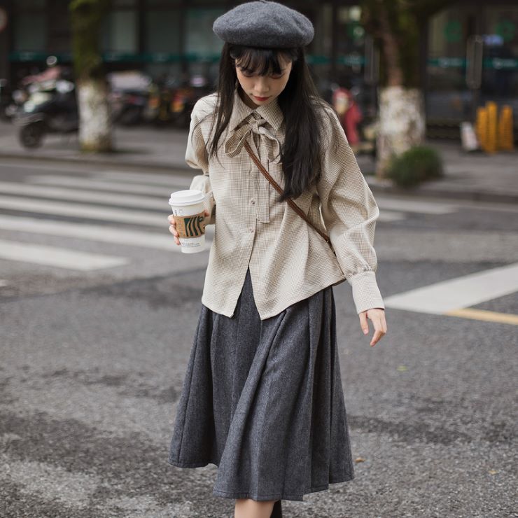 格子柄リボン付きブラウス br34-43 – Q'e